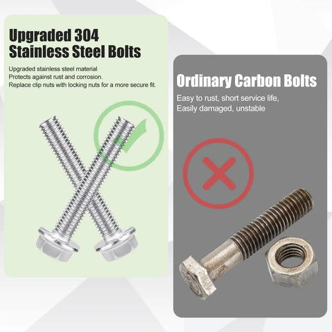 Rugged 304 Stainless Fuel Tank Strap Bolts Kit With Locking Nuts vs Ordinary Carbon Bolts comparison.
