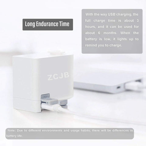 Hands Free Faucet Adapter USB charging detail, highlighting endurance and IPX6 waterproof feature, shown charging in white color