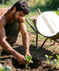 Gardener using Seed Spacers Planting Tool Garden Seed Planter Ruler with 2 wooden stakes for precise planting in garden