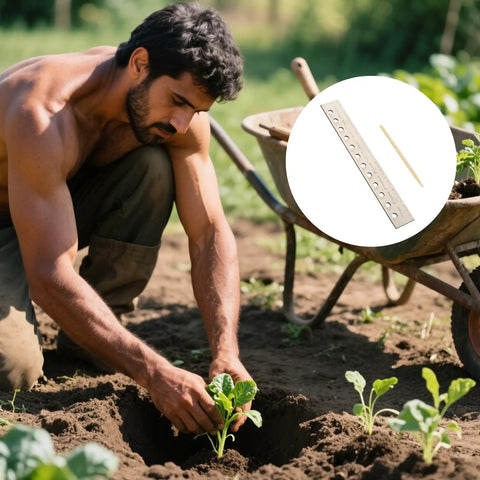 Gardener using Seed Spacers Planting Tool Garden Seed Planter Ruler with 2 wooden stakes for precise planting in garden