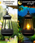 Two Pack Mini Solar Lantern Replacement Parts for Outdoor Statue Lights showing solar charging and glow at night, garden setting.