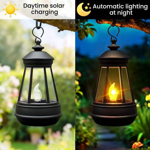 Two Pack Mini Solar Lantern Replacement Parts for Outdoor Statue Lights showing solar charging and glow at night, garden setting.