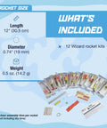 Bulk Pack Of Twelve Wizard Rocket Building Kits For Intermediate Flyers Ages 10 And Up Kid Friendly Hands On Classroom Science Projects And Holiday Experiments Today displayed with rocket size and contents.