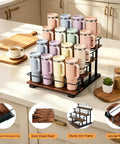 4 Tier Water Bottle Organizer Rack For 40oz Tumblers And Bottles, Carbon Steel Frame With Wooden Shelves shown on kitchen counter