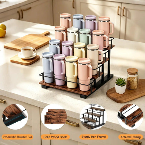 4 Tier Water Bottle Organizer Rack For 40oz Tumblers And Bottles, Carbon Steel Frame With Wooden Shelves shown on kitchen counter