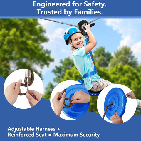 Child using 160Ft Backyard Zip Line Kit For Kids And Adults Up To 360 Lbs With Removable Trolley Thickened Seat Safety Harness Quick Tighten Tools