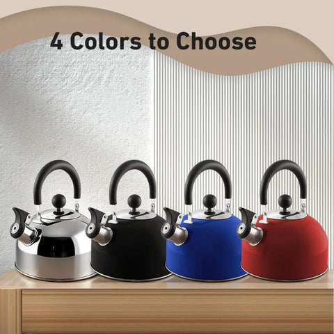 2 Quart Stainless Steel Whistling Tea Kettle For Stovetop No Fuss Quick Boil With Spill Proof Lid in four color options