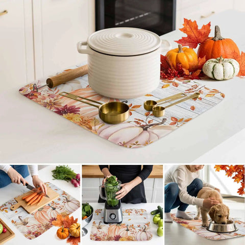 Fall Thanksgiving Dish Drying Mat With Pumpkin Leaves Floral Design Absorbent Microfiber Surface Thick Cushioned Pad Machine Washable 18 By 24 Inches Cozy Fall Vibe For Your Kitchen Counter Pad