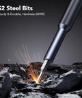 Close-up of S2 steel bit from Grab And Go 50 In 1 Precision Screwdriver Set With sparks showing hardness 60 HRC.