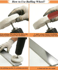 How to use Six Piece Drill Buffing Wheel Kit with aluminum polishing wheels for car and bike detailing, showing four-step process.