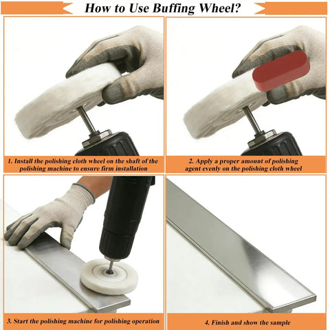 How to use Six Piece Drill Buffing Wheel Kit with aluminum polishing wheels for car and bike detailing, showing four-step process.