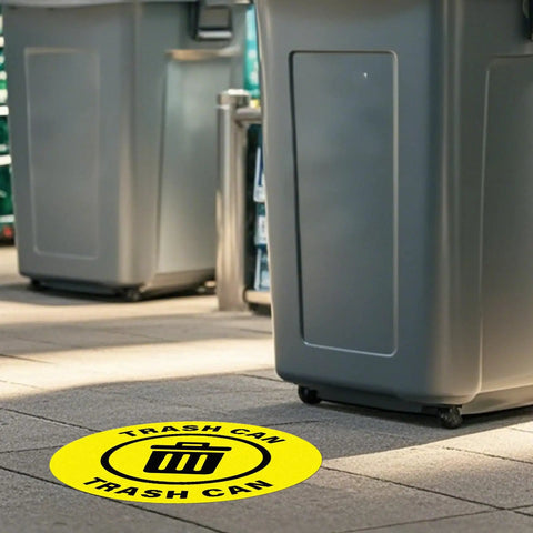 Image of 5 Pack 17 By 17 Inch Self Adhesive Trash Can Sign For Industrial And Office Spaces Caution Safety Vinyl Waterproof Signage Durable Moisture Resistant With Strong Adhesion Easy To Read For Workplace Compliance installed on floor near trash can