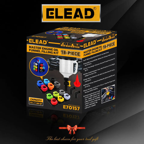 Packaging of No Spill 18 Piece Engine Oil Funnel Kit with 1.59 Qt Coolant Funnel, showing adapters and funnel.
