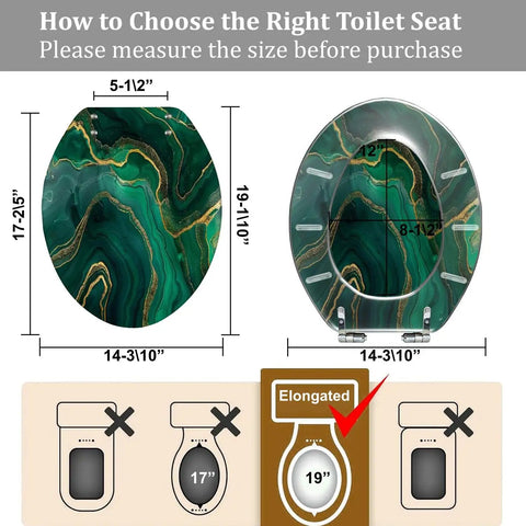 Elongated Resin Toilet Seat Cover for Bathroom shown with measurements for proper sizing and compatibility for different toilets.
