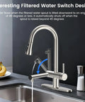 Premium Brushed Nickel Pull Down Kitchen Faucet With Built In Water Filter And Activated Carbon Ultrafiltration Spray Head showing filtered water switch design.