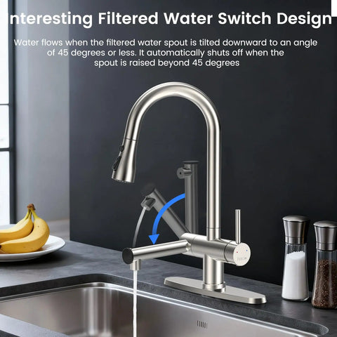 Premium Brushed Nickel Pull Down Kitchen Faucet With Built In Water Filter And Activated Carbon Ultrafiltration Spray Head showing filtered water switch design.