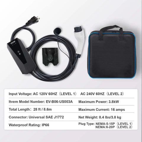 Level 1 And Level 2 Portable EV Charger With Plug-And-Play 28-Foot Cable, 16 Amp 120V/240V Dual-Voltage, charger and storage bag