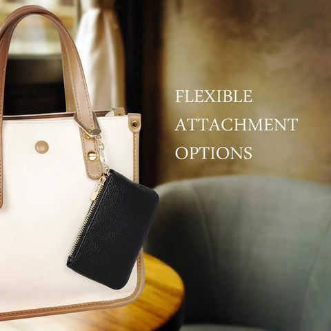 Full Grain Leather Coin Purse And Keychain Wallet With Slick Pull Zipper Closure attached to a handbag, stylish matte black finish.