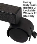 Close-up of locking caster wheel on rolling overbed table with wheels for bedside, sofa or recliner adjustable height laptop desk.