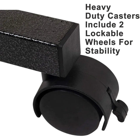 Close-up of locking caster wheel on rolling overbed table with wheels for bedside, sofa or recliner adjustable height laptop desk.