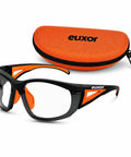 Top Shelf Industrial Safety Glasses With Vibrant Orange Frame Clear Anti Fog Lenses Scratch Resistant High Impact Shield Ansi Z87 Certified Uv400 Eye Protection Clutch For The Job Site Bad Boy Gear in orange case.