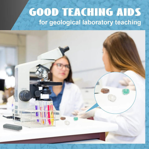 Geology lab setup with Mohs Hardness Test Kit 11 Piece Mineral Discovery Set featuring rocks and porcelain plates under microscope.