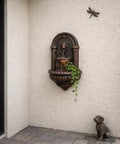 Lion Head Stone Wall Mounted Outdoor Water Fountain With LED Light 32 Inch Antique Bronze Durable Lightweight Resin Installed in Yard