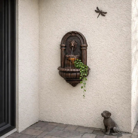 Lion Head Stone Wall Mounted Outdoor Water Fountain With LED Light 32 Inch Antique Bronze Durable Lightweight Resin Installed in Yard