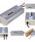 Beefy 600W 12V LED Power Supply Driver With 50A Switch-Mode Output, 220V-230V AC Input, Rainproof IP Rated, Industrial Grade LED Lighting Transformer For DIY And Commercial Projects, silver metal housing with wiring
