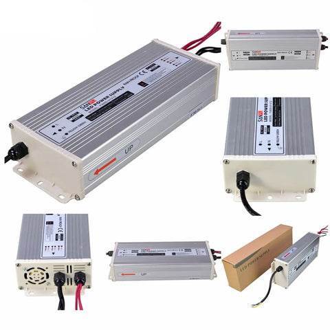 Beefy 600W 12V LED Power Supply Driver With 50A Switch-Mode Output, 220V-230V AC Input, Rainproof IP Rated, Industrial Grade LED Lighting Transformer For DIY And Commercial Projects, silver metal housing with wiring