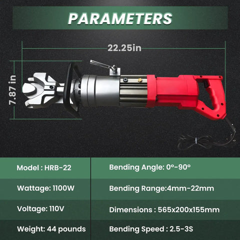 No-Fuss 1100W Electric Rebar Bender Boasts Snappy Hydraulic Action For Instant 0-90 Degree Bends On 7/8 Inch Steel Rods, 22.25 inches long.
