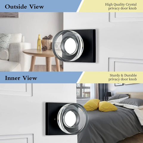 Matte Black Glass Privacy Door Knob With Lock For Bathroom And Bedroom Vintage Crystal Interior Handle Easy Install Kit Emergency Release Keyless Yet Locking Privacy Knob For Home, shown in living room and bedroom settings.