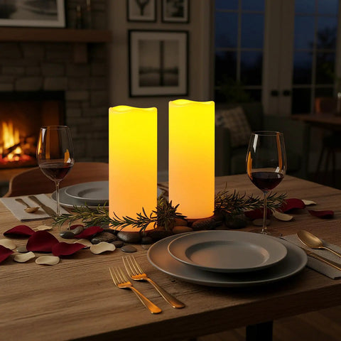 2 Pack 10 Inch Outdoor Flameless LED Candles With Remote Control And 2H 4H 6H 8H Timer on dinner table, glowing in dim dining room