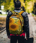 Person wearing Dope Sunflower Field Oil Painting Backpack For Everyday Use Unisex Large Capacity Daypack With Durable Polyester on a path