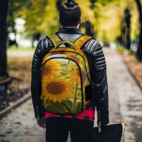 Person wearing Dope Sunflower Field Oil Painting Backpack For Everyday Use Unisex Large Capacity Daypack With Durable Polyester on a path