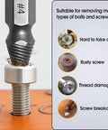 Six-Piece HSS Screw Extractor Set For Damaged Stripped And Broken Bolts No-Hassle Removal with drill and bolt images.