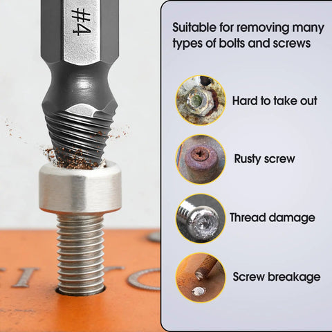 Six-Piece HSS Screw Extractor Set For Damaged Stripped And Broken Bolts No-Hassle Removal with drill and bolt images.