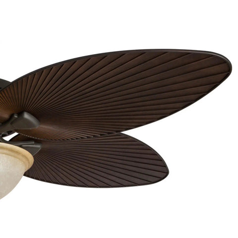 Close-up of the Palm Island 52 Inch Ceiling Fan With Light For Indoor Outdoor Spaces, bronze finish, palm leaf blade design
