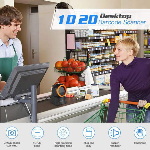 Hands Free 1D 2D Barcode Scanner With QR Reader Plug And Play For Desktop POS Systems Screen Scanning Supported Perfect For Warehouse Supermarket Retail Store And Bookstore Inventory Management in use at checkout counter with cashier and customer, showcasing scanning capability.