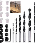 Pro Grade Woodworking Dowel And Tenon Center Drill Bit Set With Depth Stops And Pins 23 Piece Kit showing components
