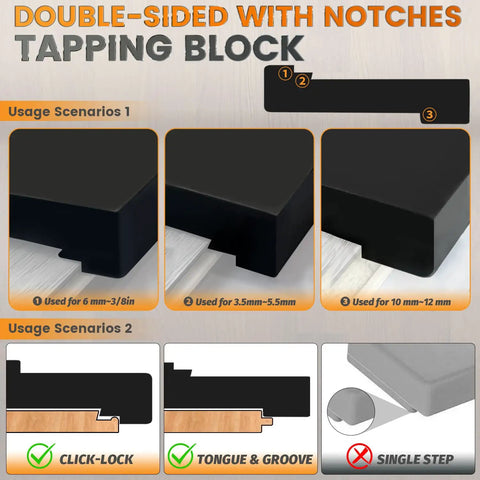 Universal Floor Installation Kit For Laminate And Vinyl Flooring With Tapping Block Double Sided Notches and Usage Scenarios
