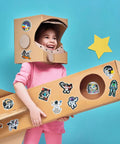 Child in cardboard rocket with Science Sticker Pack 200 Pcs For Students And Teachers Four Styles Kid Friendly Classroom Decor Decals