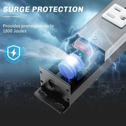 12 Outlet Surge Protector Metal Power Strip With 1800J Surge, internal view showing surge protection components and outlets
