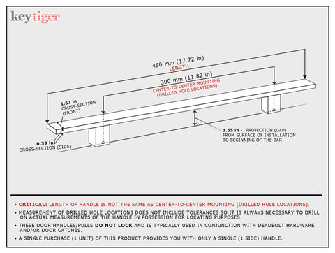 Diagram of 18 Inch One Sided Modern Door Handle In Stainless Steel With Chrome Mirror Polish Finish Slick Flat Bar Pull dimensions