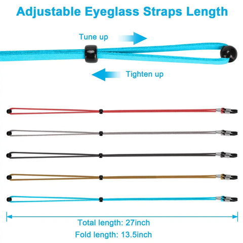 5 Pack Premium Leather Eyeglass Straps Anti Slip Eyewear Chains showing adjustable lengths in five colors