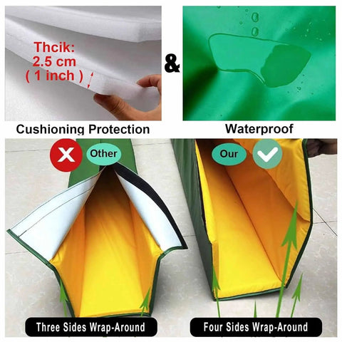 Heavy Duty Square Foam Pole Cover For Basements And Garages Featuring No Sweat Wrap Up Design and Tough As Nails Impact Shield for Wooden Columns, showcasing waterproof material and cushioning thickness.