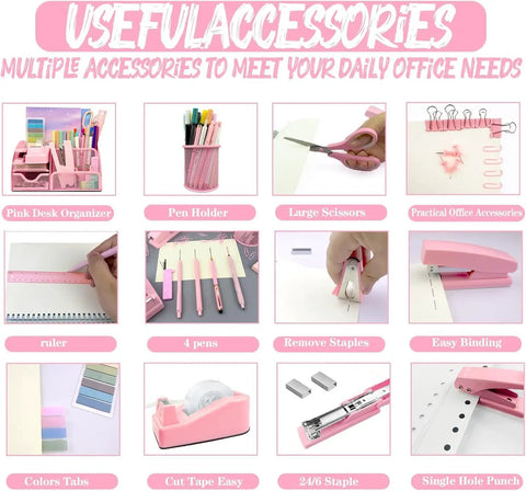Blue Desk Accessories Set 16 Piece Office Supplies Kit with stapler, pink scissors, pen holder, and tape dispenser illustration