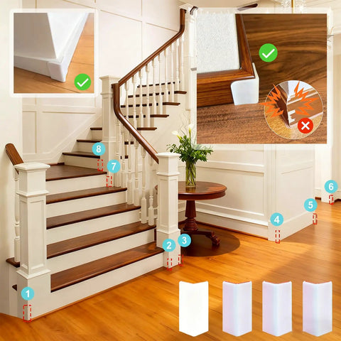 Interior image showcasing White Rubber Corner Protectors Self Adhesive Baseboard Guards in use on stairway corners.