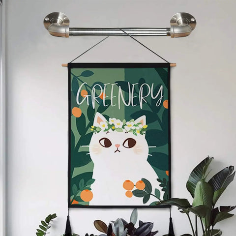 Stainless Steel Floor Flange 1/2 Inch set of 2 used as modern wall hanger bar above leafy cat art, showcasing industrial decor use.