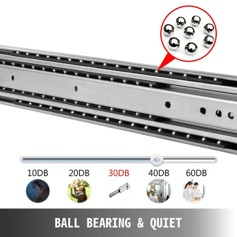 Heavy Duty Ball Bearing Drawer Slides With Lock And Smooth Glide Design Plus Fully Extended Cabinet Rails featuring steel tracks and ball bearings.